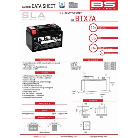 Batería BS BTX7A (FA) (YTX7A-BS) 12V 6AH 152X88X94 sin mantenimiento - inundada (90A) (6)