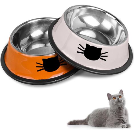 Set di ciotole antiscivolo in acciaio inox per gatti e altri animali domestici (grigio + arancione) (1/4)
