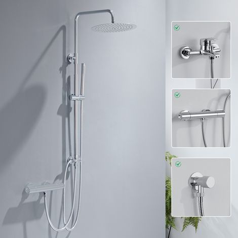 Auralum Max Colonne de Douche Sans Mitigeur Chrome Mat en Laiton, Colonne Télescopique 68-108cm avec Tête de Douche Rond 10", Douchette Carrée et Flexible PVC, pour Baignoire et Salle de Bain (1/5)
