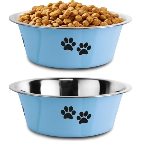 Ciotole per cani (set da 2): ciotole per cibo (piccola, media e grande), ciotola per l'acqua con fondo in silicone antiscivolo, ciotola rialzata in acciaio inox (blu, Ø 17 cm, 860 ml). (1/5)
