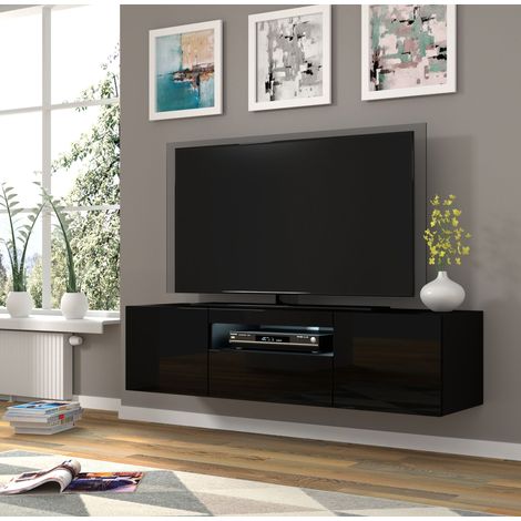 TV Schrank AURA 150x37x42 cm Hängend oder Stehen universal Unterschrank Fernsehschrank TV Board Lowboard  Sideboard HiFi-Tisch Hängender Schrank Schwarz Glanz mit LED