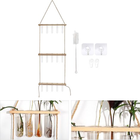 Terrario de tres niveles para plantas montado en la pared – Estación de propagación de tres niveles con 15 tubos de vidrio y soporte de madera para el control de las raíces – Almacenamiento de pared e (1/5)