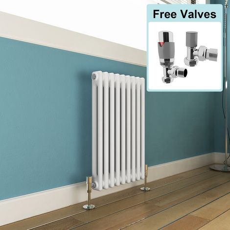 ELEGANT White 600 x 425 mm Traditional Radiator Cast Iron Style Horizontal Radiator White Double Horizontal Column Radiators + Chrome Thermostatic Radiator Valves (1/5)