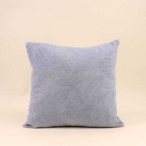 Coussin brodé feuillage avec lin gris 40x40cm (1/5)