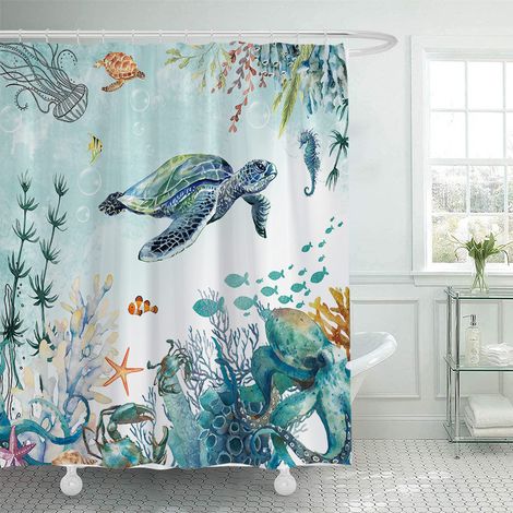 Duschvorhang mit Schildkrötenmuster (150 x 180 cm), blau-grüner, wasserdichter Duschvorhang mit Meeresmotiv, geeignet für Badezimmer, inklusive 12 Haken.