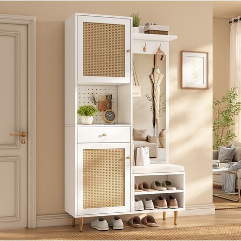 Mobile portascarpe 99x35x180 cm in pannelli di legno bianco naturale per ingresso – MEUBLIV (1/5)