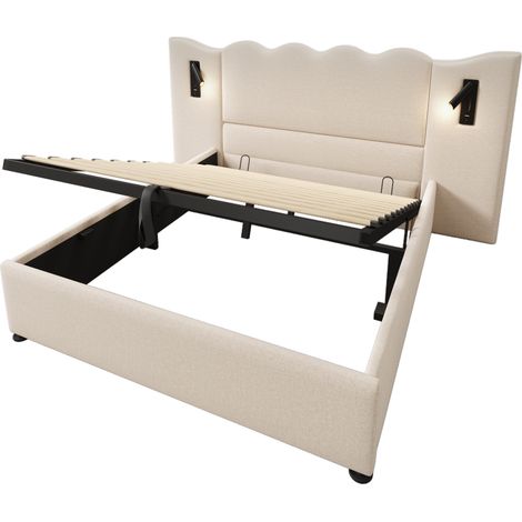 Lit 160x200 cm beige avec lampe, USB-C, rangement, sans matelas