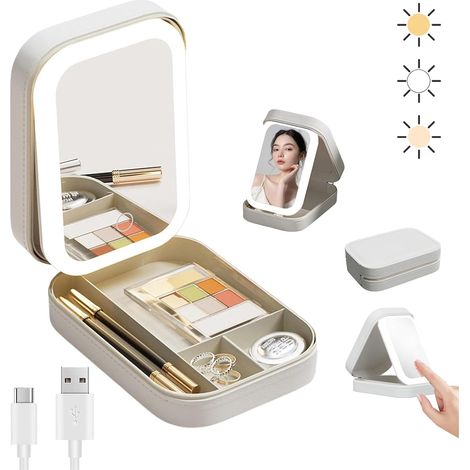 Espejo de maquillaje con LED de 3 colores, brillo ajustable, estuche de almacenamiento, recargable por USB-C, espejo de viaje para mujer.