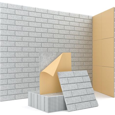 AUTRUCKER 12 panneaux d'isolation acoustique auto-adhésifs en forme de brique, panneaux absorbants acoustiques à dos adhésif haute densité, 30x30 cm, gris argenté (1/5)