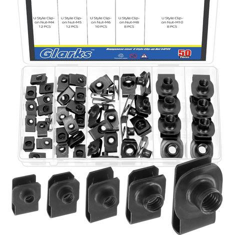 50pcs M4 M5 M6 M8 M10 kit d'écrous à clip en U, écrou à clip fileté en acier au carbone noir, kit de clip d'écrou en U, écrou en U, u clip pour moteur, garde - boue, pare - chocs (1/5)