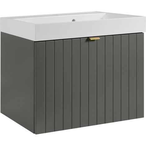 Meuble vasque suspendu HARMO 60 cm avec vasque encastrée en résine Façade rainuré vert (1/5)