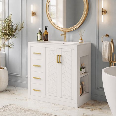 Mobile bagno bianco con lavabo in ceramica, 3 cassetti e vano laterale, 76,5×46,5×84,5 cm (1/5)