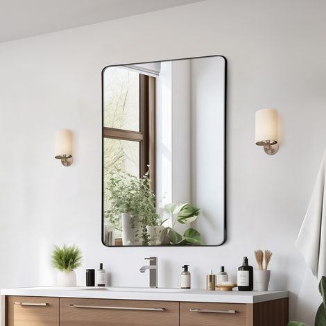 VEVOR Wall Mounted Makeup Mirror, 0.15" Thick, 24" x 36" Mirror with Aluminium Alloy Frame & Explosion-Proof Film, Scratch-Resistant Mirror with Z-Shaped Bracket, Fit for Bathroom/Bedroom/Living Room (1/5)