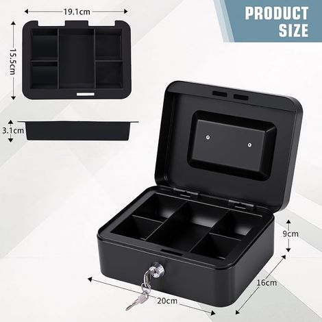Cash Box, Portable Cash Box with Coin Compartment, Small Lockable Cash Box for Home, Office and Events, 20 x 16 x 9 cm (1/4)