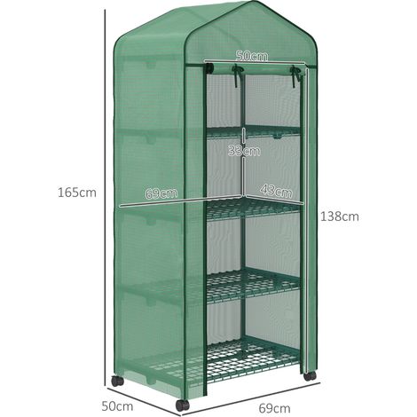 Serre en aluminium, mini-serre, châssis froid, 4 étagères, 69 x 50 x 165 cm, verte