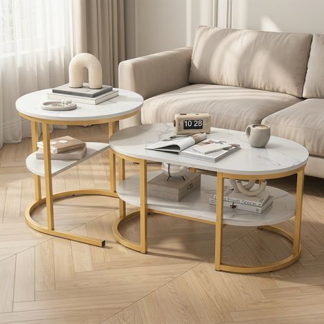 ADWOLT Lot de 2 Tables Basses Gigognes - Structure en Métal - Moderne Table d'appoint Rondes -Plateau aspect marbre- Blanc et Doré -80 x 46 x 41 cm et Ø52cm
