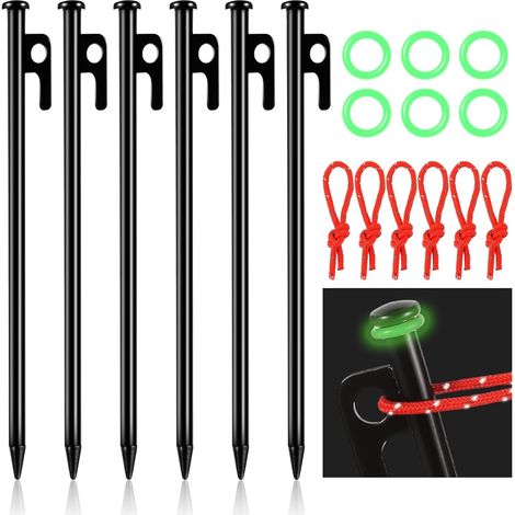 6 Pièces Piquet de Tente, 25 cm de Long Sardines Camping Sardines de Fixation Bache avec Anneaux Lumineux Cordes Réfléchissantes pour Camping Plein Air Randonnée (1/5)