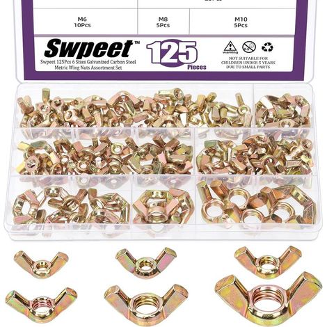 125Pcs 6Sizes M3 M4 M5 M6 M8 M10 Kit d'assortiment d'écrous de papillon en acier au carbone zinqué de couleur métrique,Torsion à la main serrer l'oreille écrou papillon de fixation en métal (1/5)