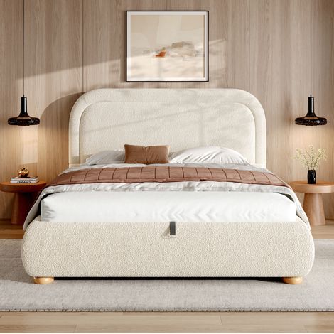 Cama tapizada 140/200 cm beige en bouclé con arcón hidráulico y somier de láminas incluido (1/5)