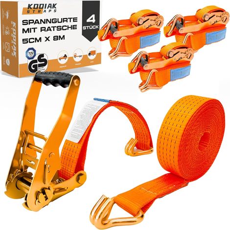 4 Lots de Sangles à Cliquet 8m x 5000kg avec Crochets - Sangles d'Arrimage 50mm Orange pour la Sécurisation des Chargements - DIN en 12195-2 (1/5)