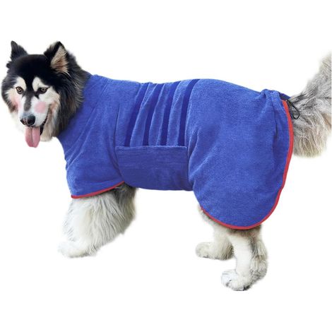 Peignoir pour animaux - Microfibre à séchage rapide et ultra-absorbante - Serviette enveloppante - Col et taille ajustables - Convient aux chats et aux chiens en toutes saisons - Bleu et rouge, taille (1/5)