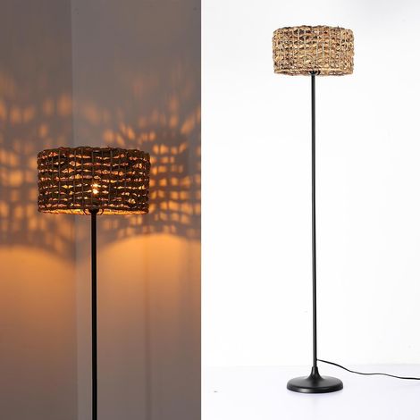 Lampadaire - Abat-jour en rotin naturel végétal tissé à la main Ø33 cm - Style Vintage Rustique Boho Rural - Base métallique noire - Culot E27 pour salon, chambre ou entrée (1/5)