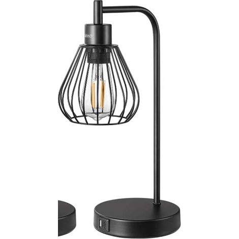 Lampe de chevet industrielle vintage, 3 niveaux de luminosité, double ports USB, abat-jour en cage métallique, ampoule LED incluse,noir (1/5)