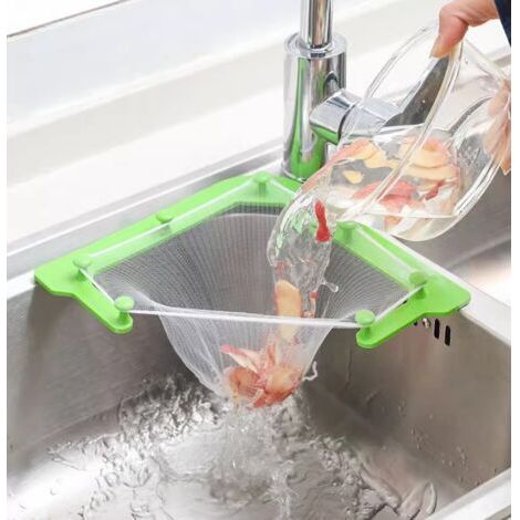 royaluxe-Crépine d'angle triangulaire pour évier de cuisine, 1 support + 100 sacs filtrants + nano colle offerte, anti-bouchon sans résidu, vert (1/5)
