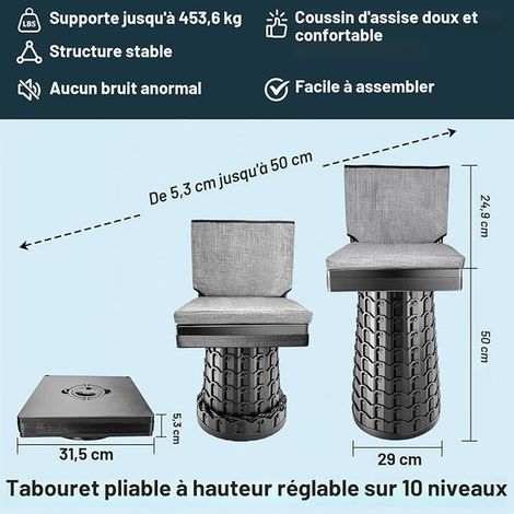 Tabouret avec dossier et coussin extra épais, chaise pliante carrée portable d'extérieur avec deux poches de rangement, siège télescopique pour le camping pêche randonnée voyages (1/2)