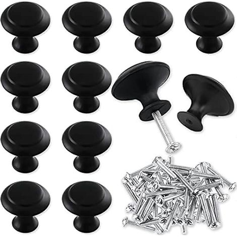 Lot de 12 boutons de porte ronds plats avec vis de fixation, en métal noir mat, compatibles avec les tiroirs de commode. (1/5)