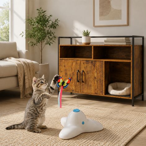 Set para gatos de interior «Comfort Pet» (2 piezas): juguete giratorio para gatos con forma de mariposa y armario para arena con alfombrilla (1/5)