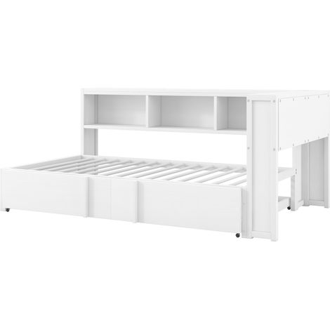 Letto daybed in metallo 90 x 200 cm bianco con letto estraibile, vani contenitore, LED e porte USB (1/5)
