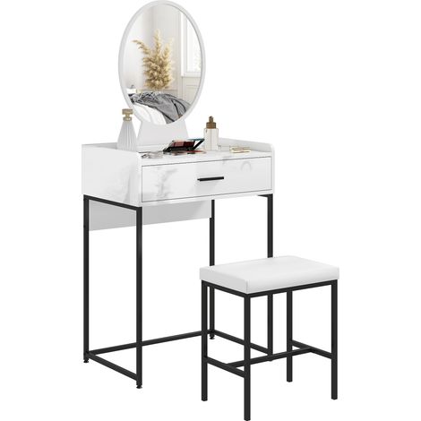 Set de table de maquillage blanc avec miroir, tiroir de rangement et tabouret rembourré