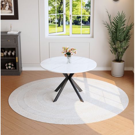 Runder Esstisch Ø 110 cm in Weiß-Marmoroptik mit schwarzem X-Gestell, modern und platzsparend (1/5)