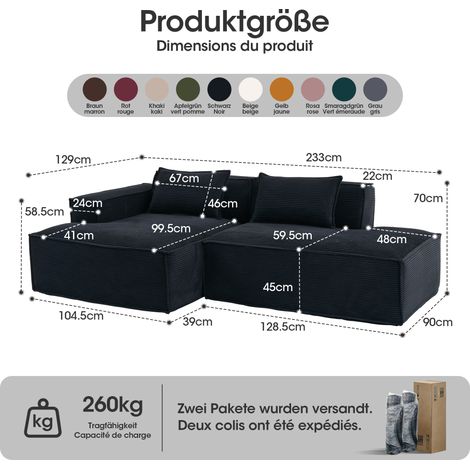 Canapé moderne 235 cm en tissu économique, confortable avec 2 coussins + housse de rangement - idéal pour petit salon, appartement ou bureau, simple et pratique