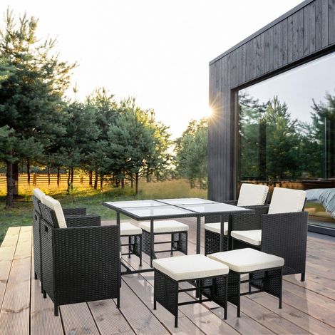 9 Pieces Rattan Garden Furniture Outdoor Chair & Table 4+4+1 Set Cuba Black