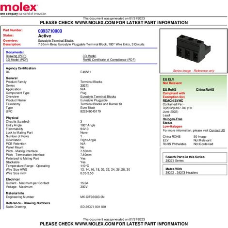 bloque de terminales molex 393710003 3 polos 1 pieza