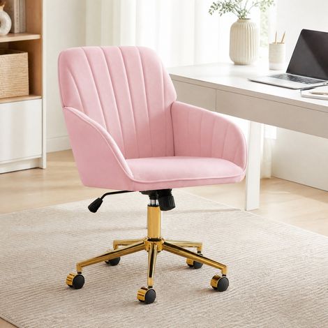 DESMIU Chaise de bureau pivotante réglable en hauteur avec dossier, roulettes et assise en velours rose (1/4)