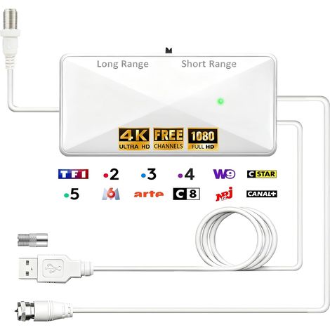 Amplificateur Antenne TV, Compatible Antenne Intérieure et Extérieure Alimenté par USB, Gain Elevé 25dB, Booster de Signal pour TNT/DVB-T2, Full HD et 4K UHD, Amélioration de Réception (1/5)