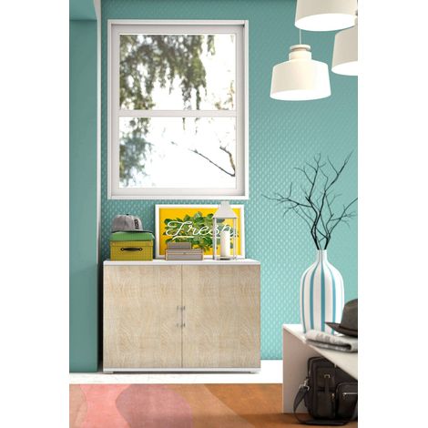 Dmora Armario multiusos Bucaneve, Mueble lineal de 2 puertas batientes con balda, Muebles de entrada, zapatero moderno, 100% Made in Italy, Cm 90x45h66, Roble y Blanco, con embalaje reforzado (1/5)