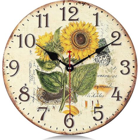 Horloge murale décorative en bois, style vintage shabby chic rustique, motif tournesol jaune, 30 cm, sans tic-tac, à piles. (1/5)