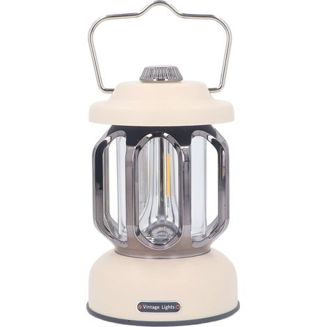 Vintage-Retro-Campinglampe, wiederaufladbar, Typ-C-Stecker, 3 dimmbare Leuchtmodi, wasserdichte LED, mit Haken für Zelt und Garten, Beige (1/5)
