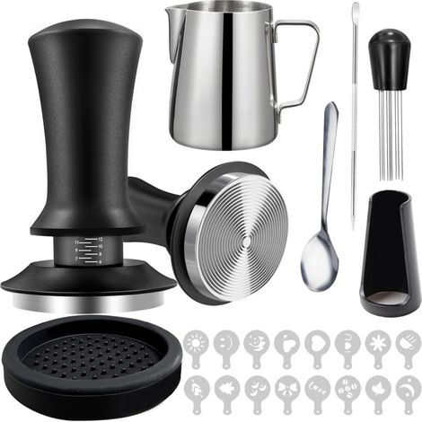 Milchkännchen aus Edelstahl 304 mit Skala und verstellbarem Druckstampfer mit Skala, Milchstampfer- und Dosierwerkzeug-Set für die Kunst des Espresso Latte