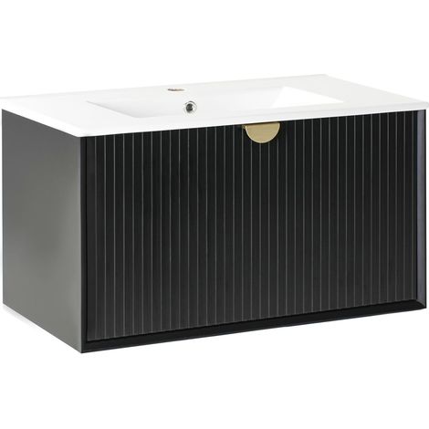 Mobiletto da parete con lavabo in legno massiccio per bagno 80 cm Nero Bonaire