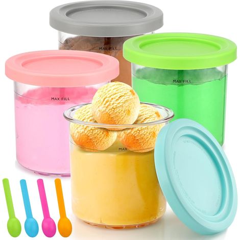 Eisbecher, 4er-Set Eisbehälter für Ninja Creami, Dessertbecher mit Deckel und 4 Löffeln, spülmaschinenfeste Ninja Creami-Behälter für Pints Eiscreme (1/5)