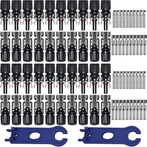 Packung mit 20 MC4-Solarsteckern (Stecker/Buchse). Doppelringdichtung. Für Kabelquerschnitte von 2,5 bis 6 mm². Schnelle, werkzeuglose Montage. (1/5)