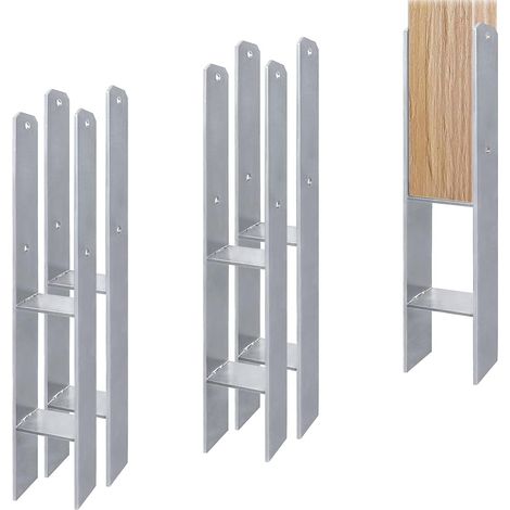 Lot de 4 supports de poteau en H - Galvanisés à chaud - 81 mm - Ancrage en H - Galvanisé à chaud - Longueur : 600 mm - Épaisseur du matériau : 5 mm (4 pièces de 81 mm) (1/5)