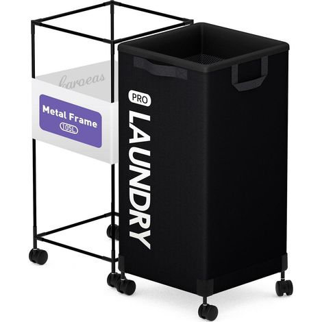 Wäschekorb 105L mit Rollen, Metallrahmen, abnehmbarer Wäschesack, faltbar, schwarz (1/5)