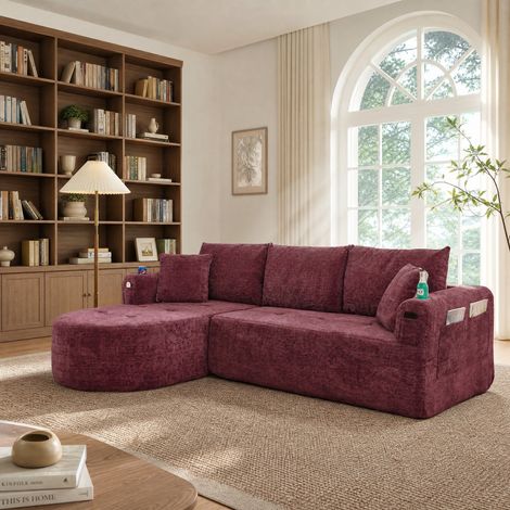 Canapé d’angle 255x171x64 cm en lin rouge bordeaux, rangement d’accoudoir pour salon – MEUBLIV (1/5)