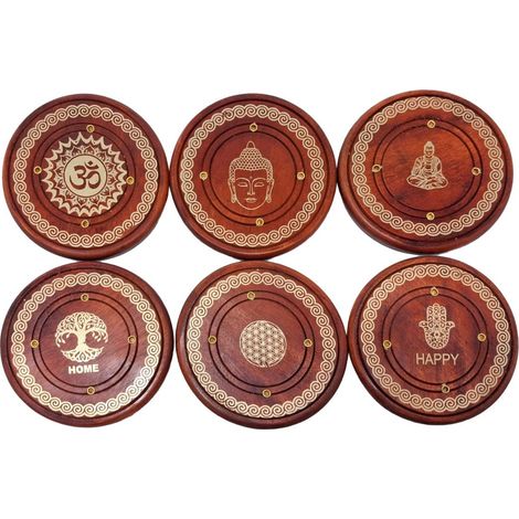 Platos portaincienso de madera grabado dorado 10 cm, 6 piezas (1/5)